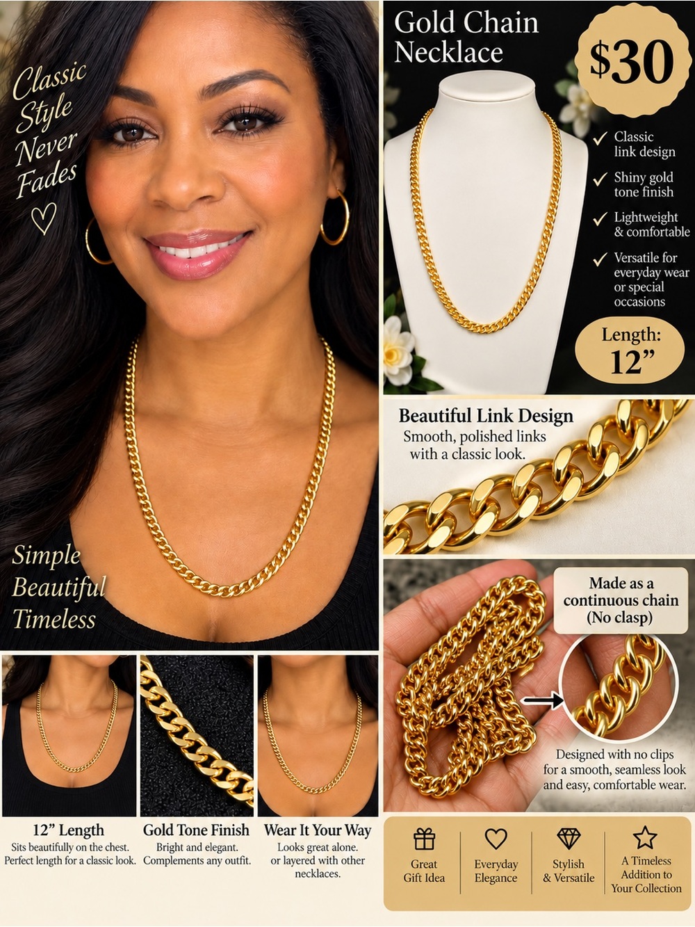 Gold Tone Chain Necklace - Classic Link Design (Gold)